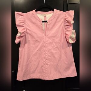 Pink Ruffle Sleeve Faux Leather Top